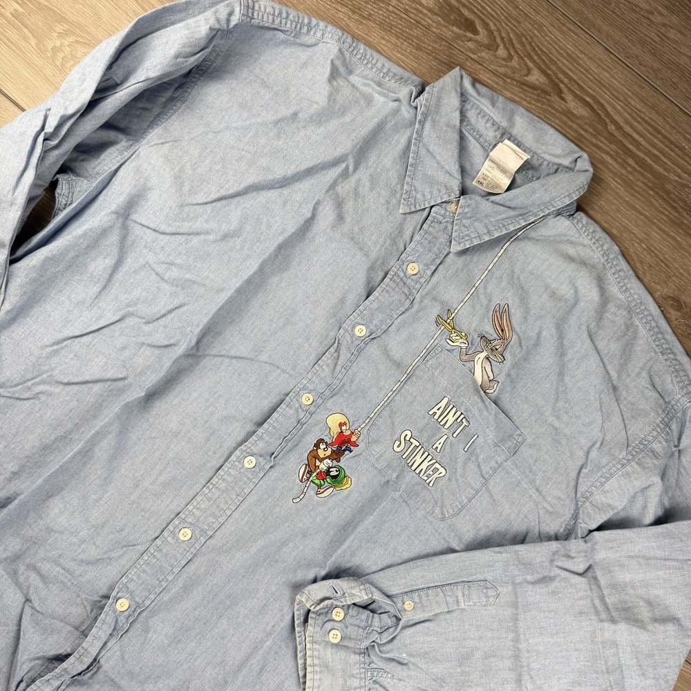 Vintage Warner Bros Mens Button Front Shirt 'Ain't I A Stinker' Blue 2XL